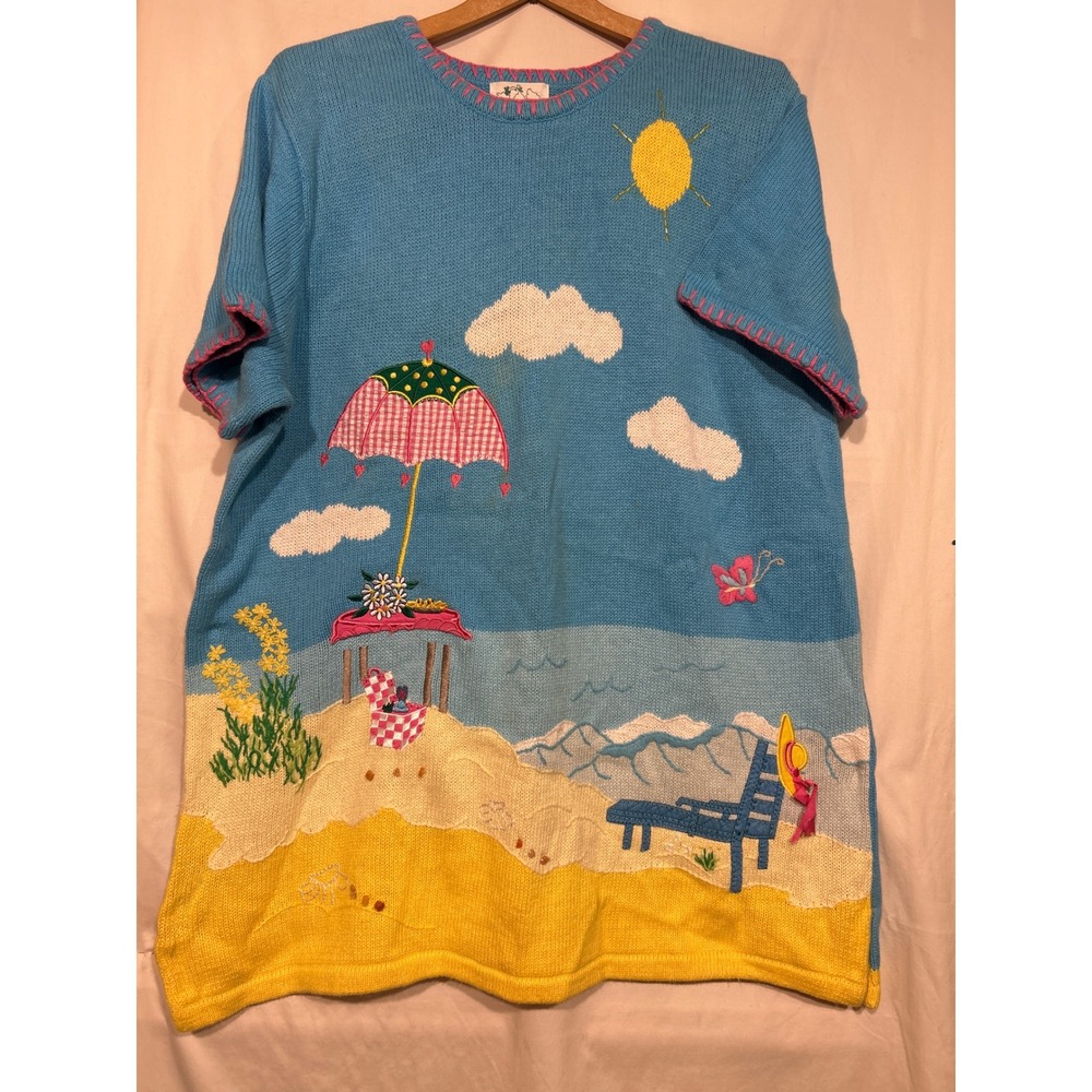 Quacker Factory Vintage Beach Scene Knit Sweater Top Blue XL Short Sleeve